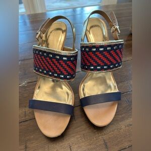 Coach Navy and Red Woven Strap Gold Footbed Sandals